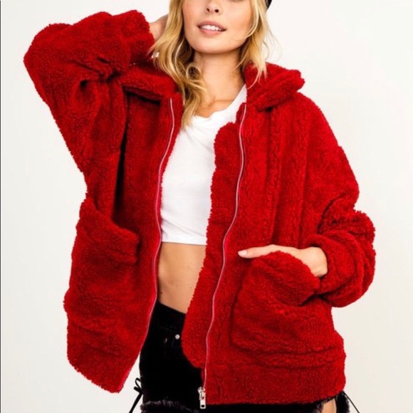OVERSIZED TEDDY JACKET, RED - Picture 3 of 4